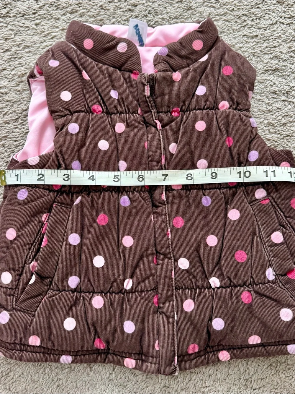 CARTERS Girls Vest Brown Pink Polka Dot Puffer Zip Up Sz 2T with Pockets